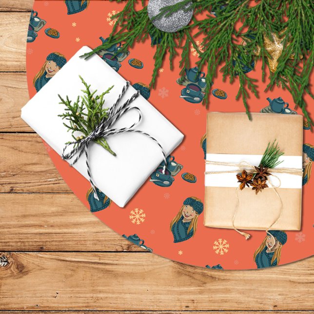 Tea with cookies, girl in winter, snowflakes brushed polyester tree skirt (Creator Uploaded)
