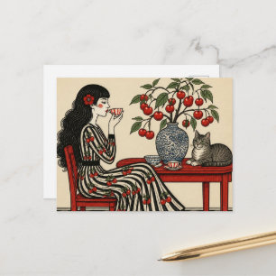 Tea With My Cat in my Cherry Dress Postcard