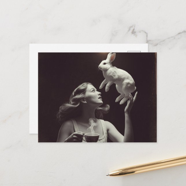 Tea With the Bunny Black and White Postcard (Front/Back In Situ)
