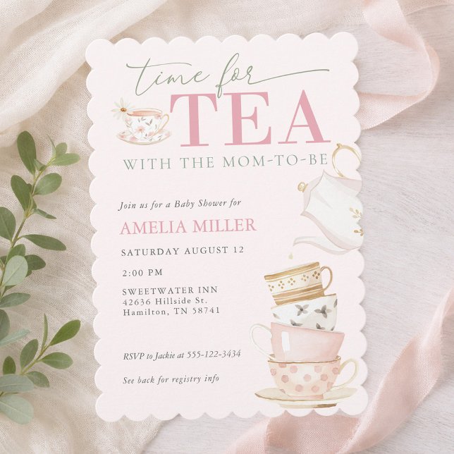Tea with the Mom-to-be Girl Baby Shower  Invitation (Tea with the Mom-to-be Pink Girl Baby Shower Invitation)