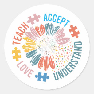 "Teach Accept Love Understand" Puzzle Piece Flower Classic Round Sticker