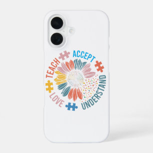 "Teach Accept Love Understand" Puzzle Piece Flower iPhone 16 Case