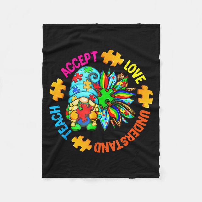 Teach accept understand love autism gnome sunflowe fleece blanket (Front)