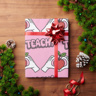 TEACH" Apple & Heart Hands Christmas Gift  Wrapping Paper