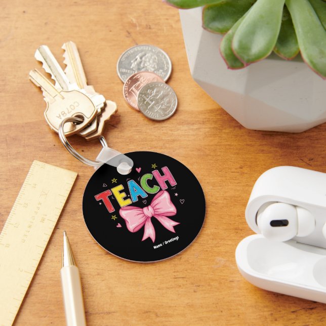 Teach Coquette Bow Crayon Teacher Kids Funny Key Ring (Desk)