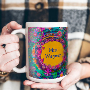 Teach Inspire Pretty Floral Teacher Name  Coffee Mug
