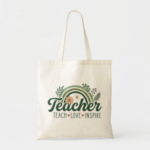 Teach Love Inspire Botanical Rainbow Teacher Gift Tote Bag