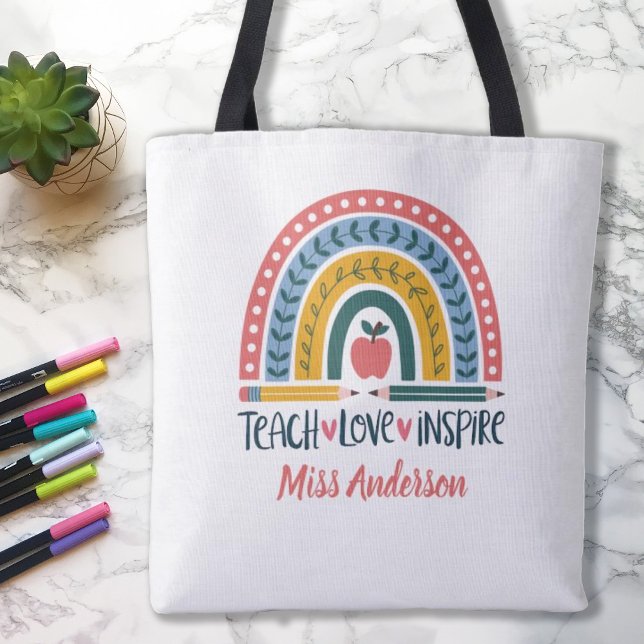 Teach Love Inspire Rainbow Teacher Appreciation Tote Bag (Cute teacher appreciation tote bag. Personalize it with your teacher's name. Makes a cute gift.)