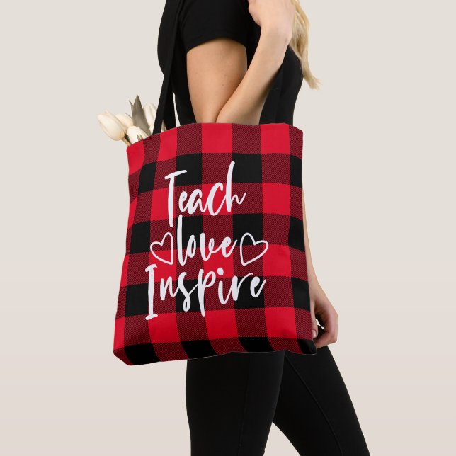 Teach Love Inspire Red and Black Buffalo Plaid Tote Bag (Close Up)