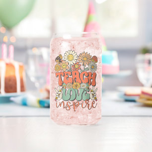 Teach Love Inspire Retro Back to School Can Glass