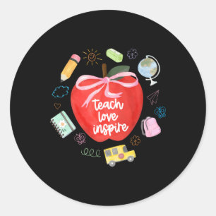 Teach Love Inspire Teacher Coquette Bow Apple Back Classic Round Sticker