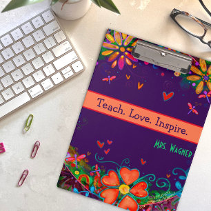 Teach Love Inspire Teacher Floral Colourful Quote  Clipboard