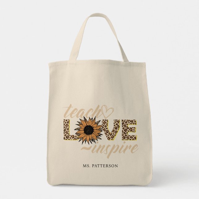 Teach Love Inspire Teacher Sunflower Modern Name Tote Bag (Back)