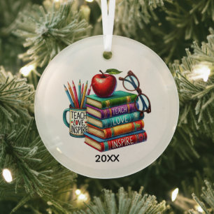 Teach Love Inspire Teacher's add year Glass Tree Decoration