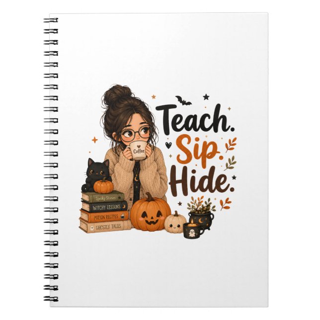 Teach Sip Hide Halloween Teacher Spiral Notebook (Front)