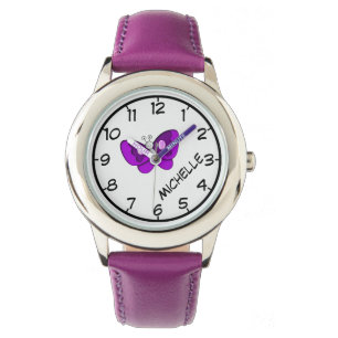 Teach to Tell Time, Purple Butterfly Ribbon & Name Watch