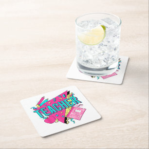 Teacher 90s Retro Colourful Teacher Back To School Square Paper Coaster