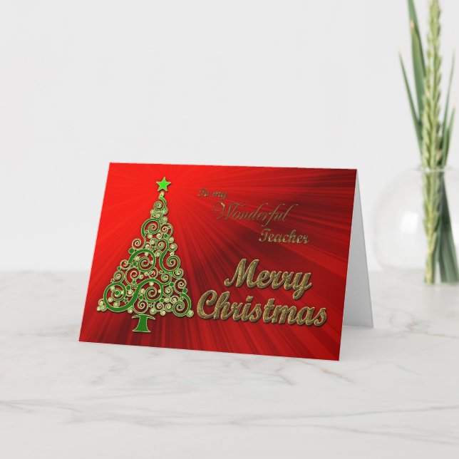Teacher, a gold and red effect Christmas card (Front)