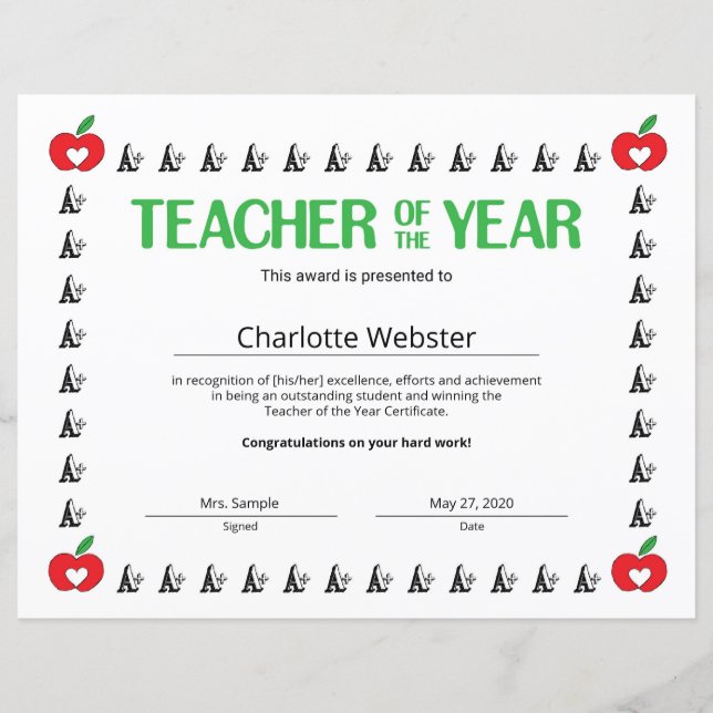 Teacher Achievement Teacher of the YearCertificate (Front)