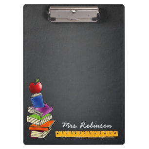 Teacher Apple Book Stack Chalkboard Monogram Name Clipboard