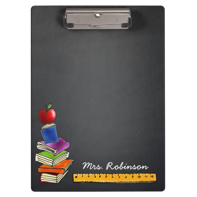 Teacher Apple Book Stack Chalkboard Monogram Name Clipboard (Front)