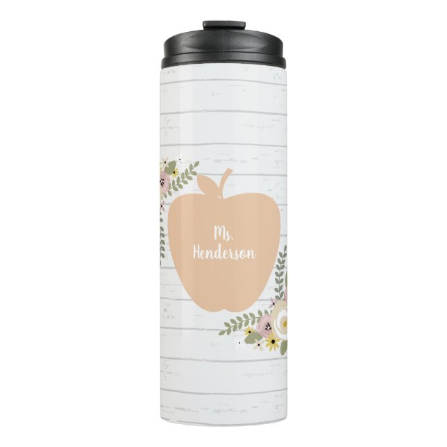 Teacher Apple Gray Wood Inspired Floral Thermal Tumbler (Front)