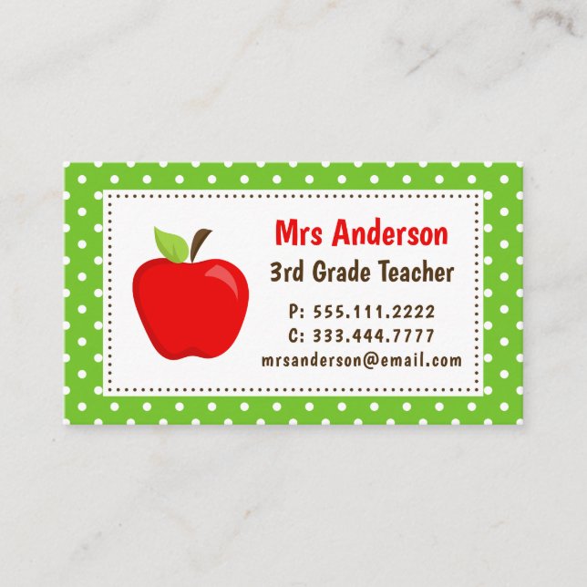 Teacher Apple Green Polka Dots Business Card (Front)