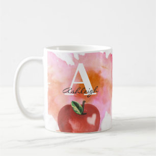 Teacher Apple Heart Monogram Name Red Pink Coffee Mug