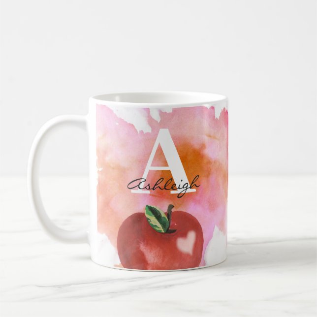 Teacher Apple Heart Monogram Name Red Pink Coffee Mug (Left)