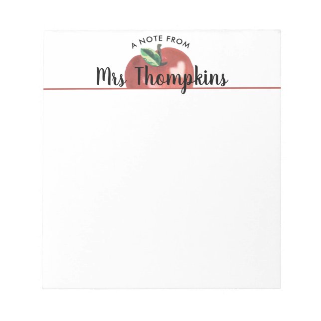 Teacher Apple Heart Red Script Name Notepad (Front)