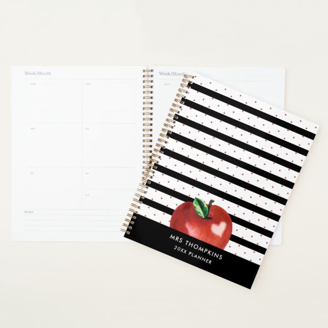 Teacher Apple Heart Stripes Dots Personalised Planner (Display)