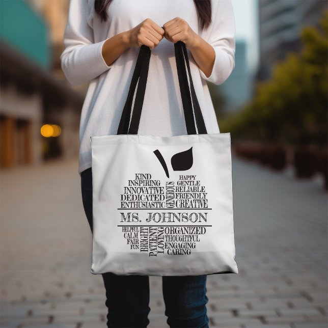 Teacher Apple Typography Black and White Tote Bag (Creator Uploaded)