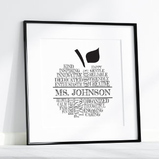 Teacher Apple Typography II Black and White Poster