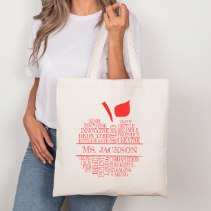Teacher Apple Typography Red and White Tote Bag