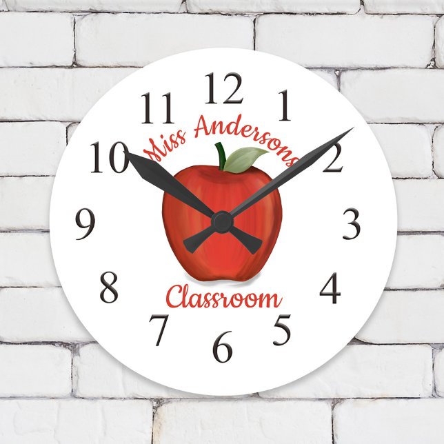 Teacher Apple Whimsical School Classroom Round Clock (Custom classroom apple clock )