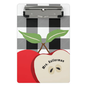 Teacher Apple White Buffalo Plaid Monogrammed Name Mini Clipboard