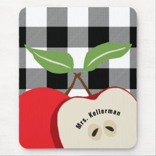 Teacher Apple White Buffalo Plaid Monogrammed Name Mouse Pad