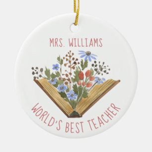 Teacher Appreciation Book Flowers Name Ceramic Ornament