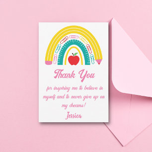  teacher appreciation colourful rainbow pink scrip thank you card