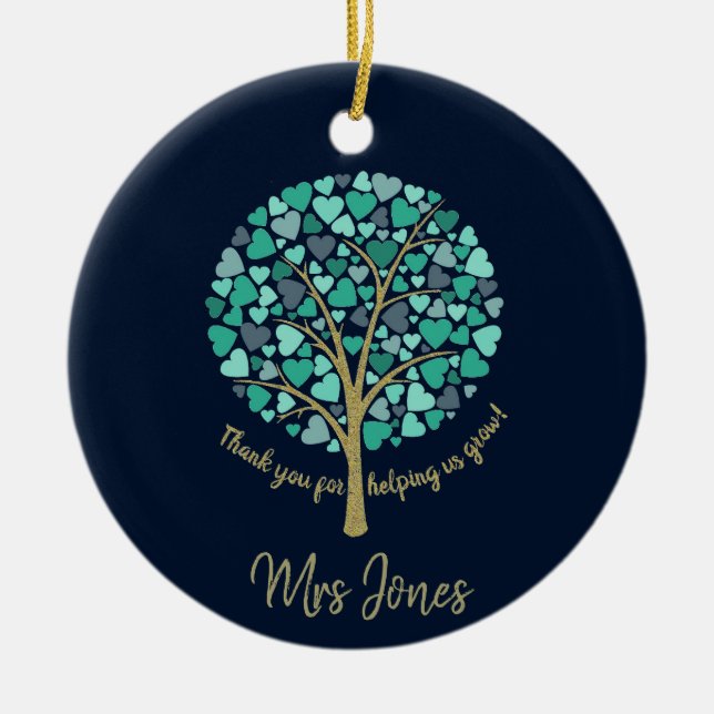 Teacher appreciation gift gold glitter heart tree ceramic ornament (Front)