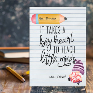 Teacher Appreciation Gnome With Heart Thank You Card