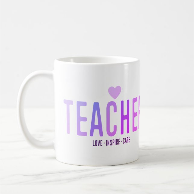 Teacher Appreciation Love Inspire Care Purple Coffee Mug (Left)