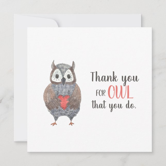 Teacher Appreciation Owl Thank You Card (Front)