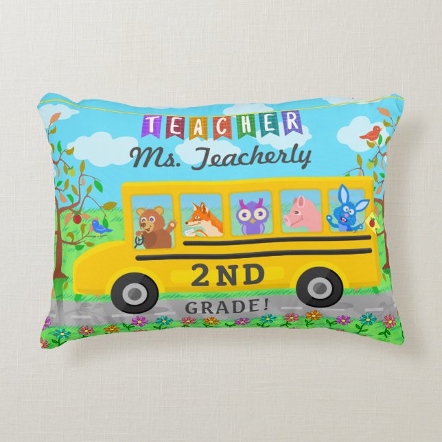 Teacher Appreciation Thank You | Cute Bus Animals Decorative Cushion (Front)