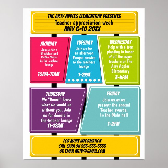 Teacher Appreciation Week Itinerary Poster (Front)