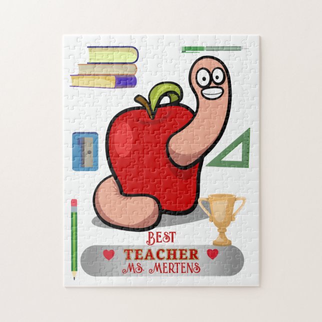 Teacher Appreciation Worm in Apple Add Name Jigsaw Puzzle (Vertical)