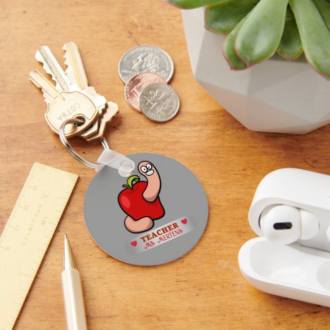 Teacher Appreciation Worm in Apple Add Name Key Ring (Desk)