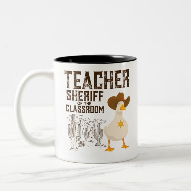 Teacher Back to school Cowboy Retro Goose  Funny Two-Tone Coffee Mug (Left)