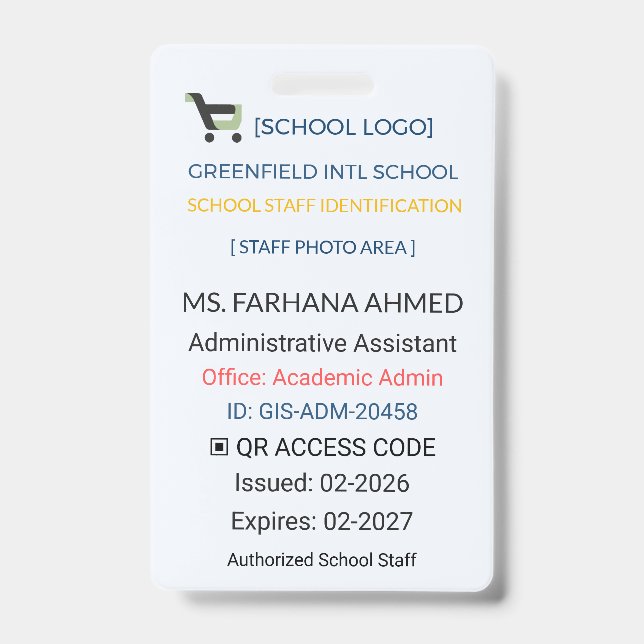 Teacher Badge | Assistant ID – School Staff (Front)