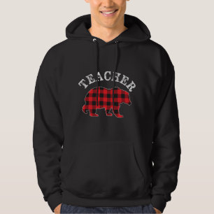 TEACHER Bear RED Black Buffalo Plaid Mama Chequere Hoodie